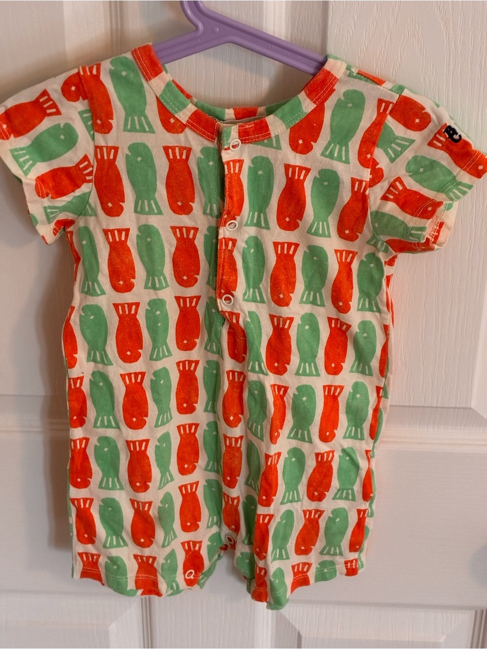 Kids Short-Sleeve One-Piece Romper in Green & Orange Fish Print